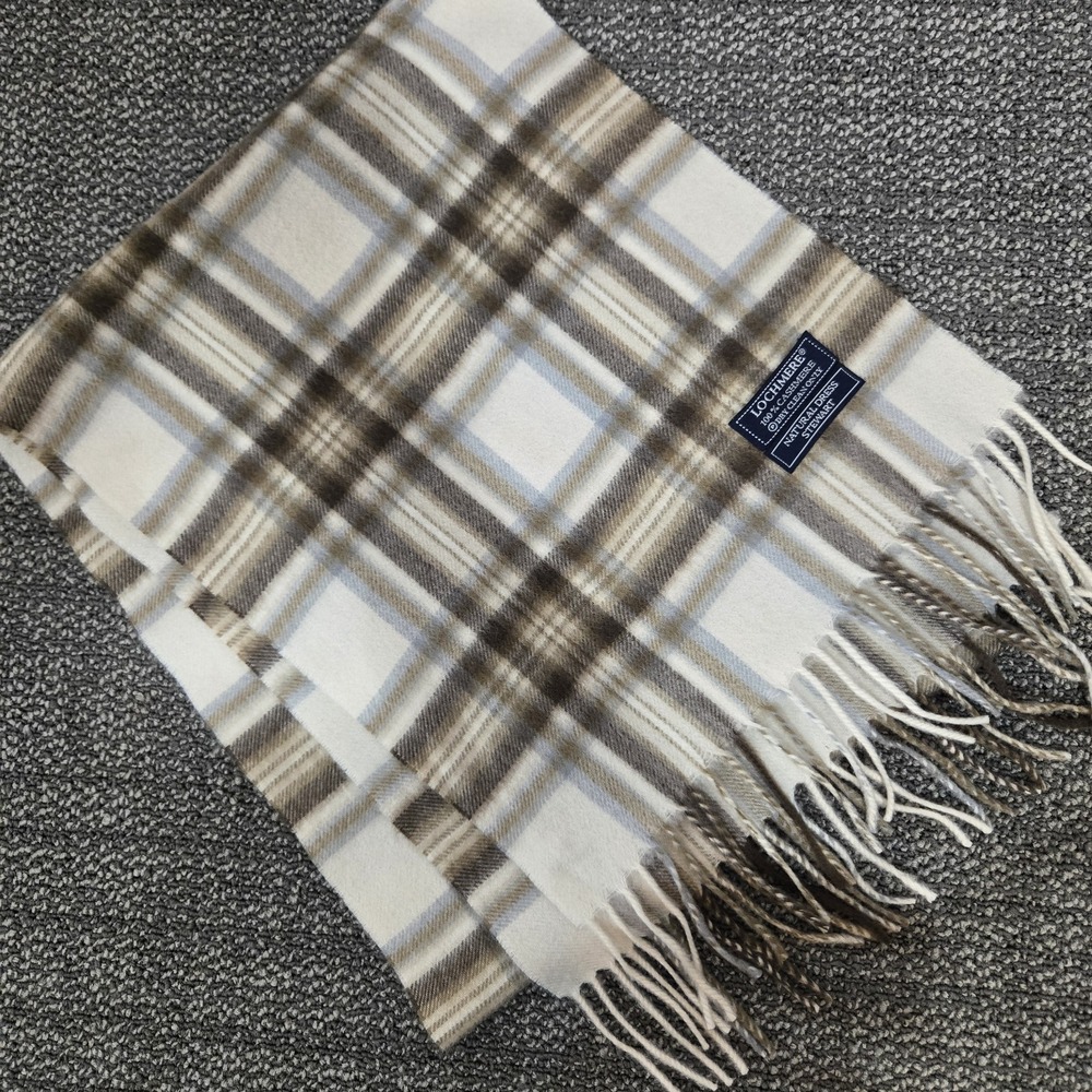 Lochmere 100% Cashmere Scarf Natural Dress Stewart Plaid 66x12 Fringe